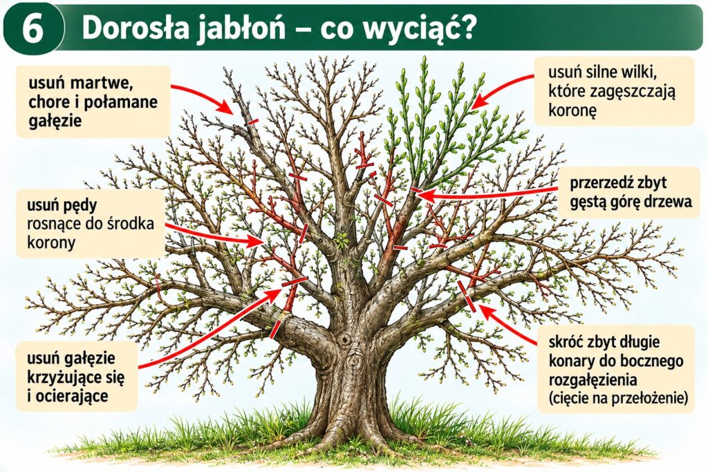 przycinanie owocującej jabłoni - rysunek poglądowy