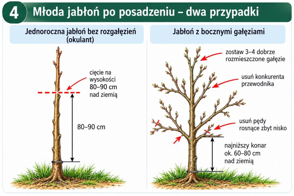 przycinanie młodych jabłonek zaraz po posadzeniu - okulant