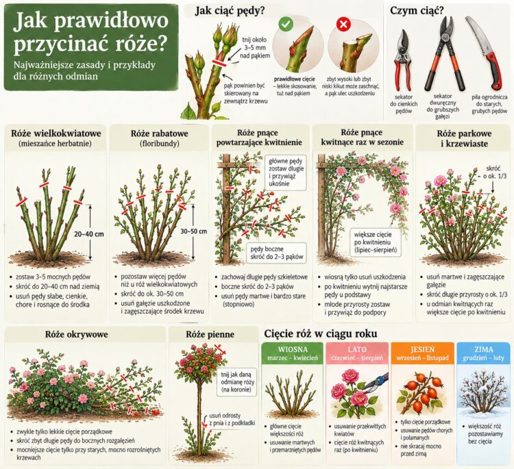 prawidłow cięcie róż rabatowych, pnących i wielokwiatowych na obrazku